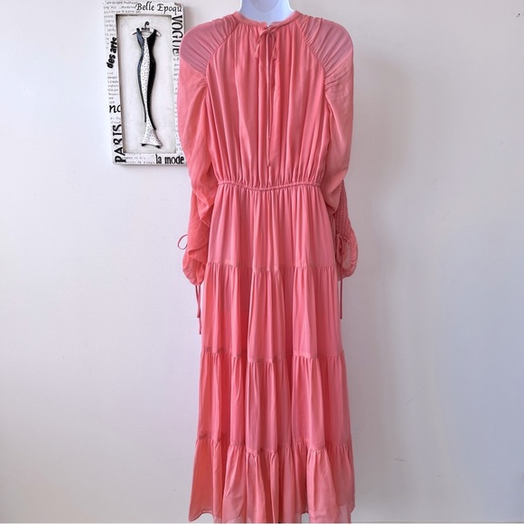 Ulla Johnson Noelle Dahlia Coral Silk Long Sleeve Wedding Guest Midi Dress Sz 2 - Picture 14 of 17